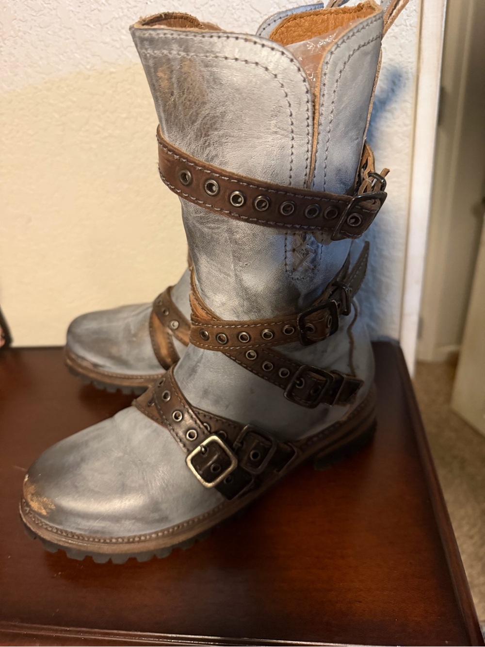 freebird Gray Leather Buckle Combat Boots with Brown Straps